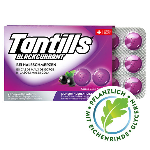 Tantills® Blackcurrant - Bei Halsschmerzen, Heiserkeit und Schluckbeschwerden.
Mit der Kraft der Eichenrinde