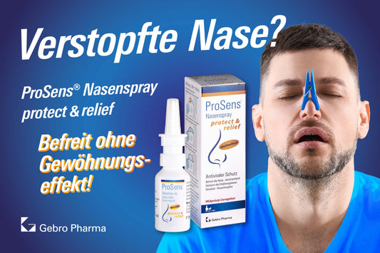 Verstopfte Nase? ProSens® Nasenspray protect & relief befreit ohne Gewöhnungseffekt!
Abschwellend, befreuchtender und antiviraler Schutz, verürzt die Erkältungsdauer, verringert die Virenlast, auch geeignet für Schwangere, Stillende und Kinder ab 1 Jahr