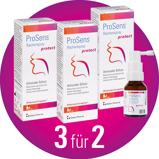 3 für 2 ProSens® Rachenspray protect 20ml gegen grippalen Infekt - jetzt vorbeugen! Der Rachenspray kann präventiv vor dem Betreten von Orten (z.B. im Geschäft oder im ÖV) mit erhöhter Infektionsgefahr oder beim ersten Kratzen im Hals angewendet werden.