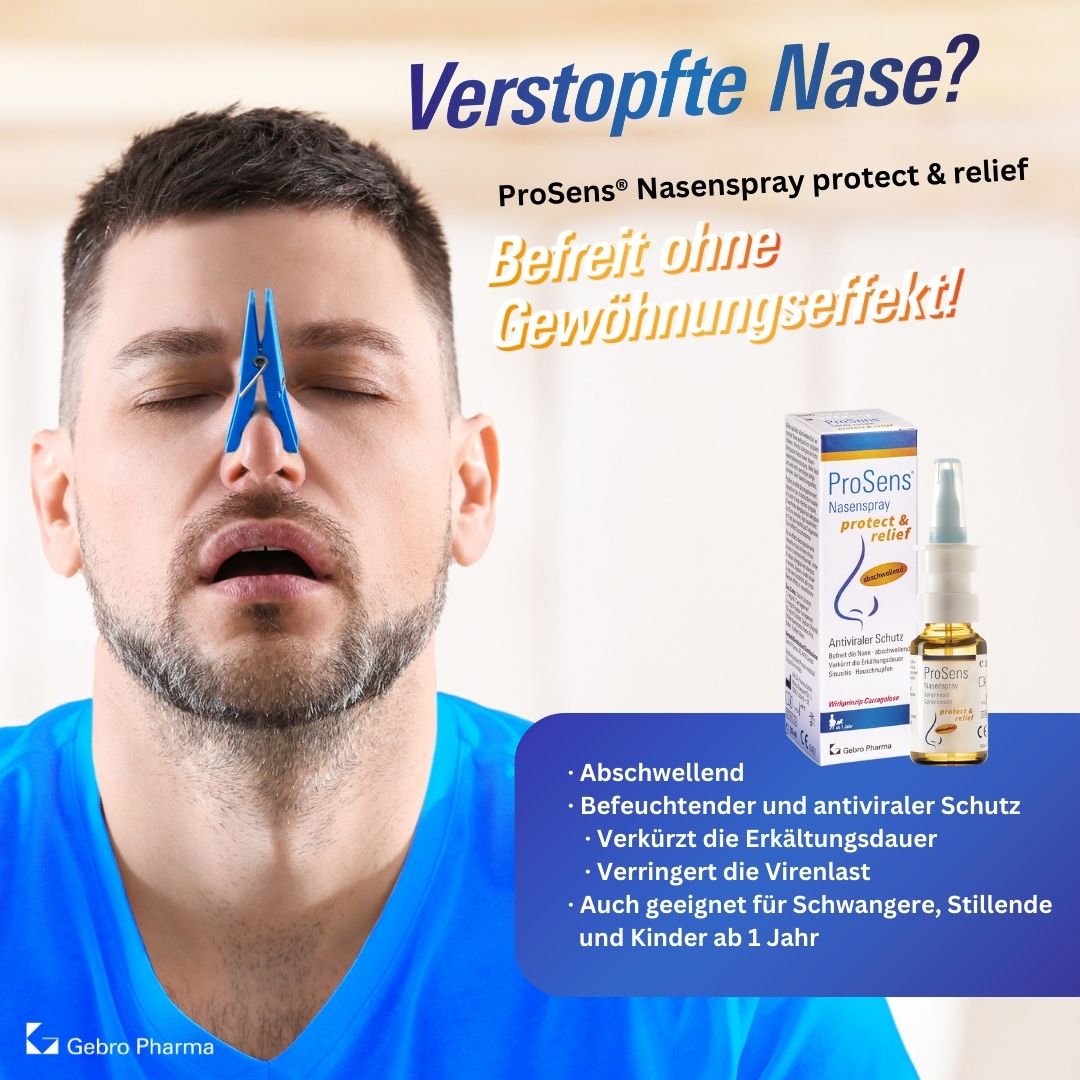 Verstopfte Nase? ProSens® Nasenspray protect & relief befreit ohne Gewöhnungseffekt!
Abschwellend, befreuchtender und antiviraler Schutz, verürzt die Erkältungsdauer, verringert die Virenlast, auch geeignet für Schwangere, Stillende und Kinder ab 1 Jahr