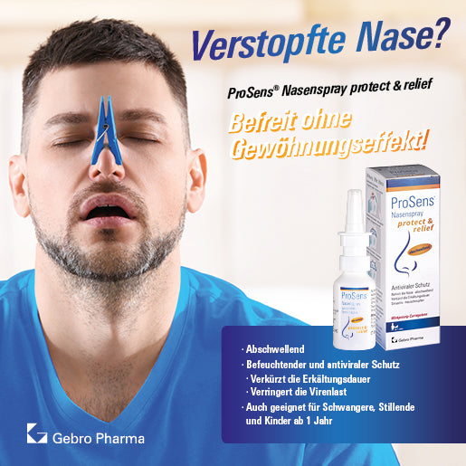 Verstopfte Nase? ProSens® Nasenspray protect & relief befreit ohne Gewöhnungseffekt!
Abschwellend, befreuchtender und antiviraler Schutz, verürzt die Erkältungsdauer, verringert die Virenlast, auch geeignet für Schwangere, Stillende und Kinder ab 1 Jahr