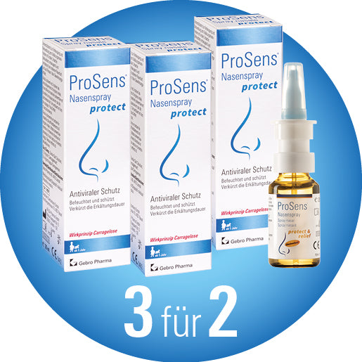 3 für 2 ProSens® Nasenspray protect 20ml - Zur Vorbeugung vor der Erkältung. Der Nasenspray kann präventiv, zum Beispiel vor dem Betreten von Orten (im Geschäft oder im ÖV) mit erhöhter Infektionsgefahr, angewendet werden oder bei ersten Anzeichen eines Schnupfens.